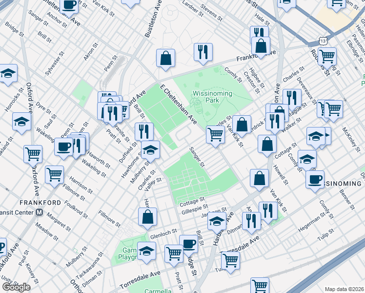 map of restaurants, bars, coffee shops, grocery stores, and more near 5412 Charles Street in Philadelphia
