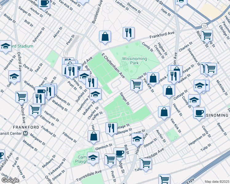 map of restaurants, bars, coffee shops, grocery stores, and more near 5380 Charles Street in Philadelphia
