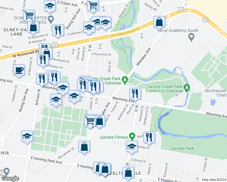 map of restaurants, bars, coffee shops, grocery stores, and more near 544 East Loudon Street in Philadelphia
