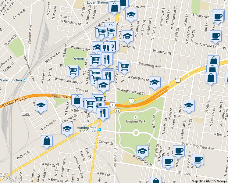 map of restaurants, bars, coffee shops, grocery stores, and more near 1317 West Wingohocking Street in Philadelphia