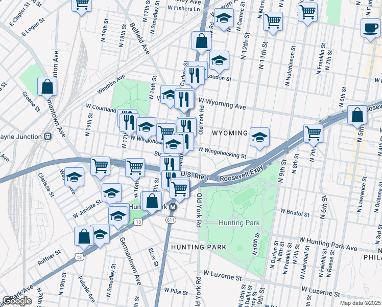 map of restaurants, bars, coffee shops, grocery stores, and more near 1319 Blavis Street in Philadelphia