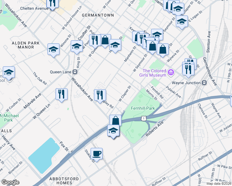 map of restaurants, bars, coffee shops, grocery stores, and more near 5042 Erringer Place in Philadelphia