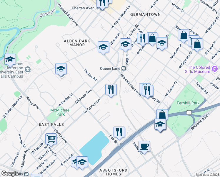 map of restaurants, bars, coffee shops, grocery stores, and more near 2823 West Queen Lane in Philadelphia