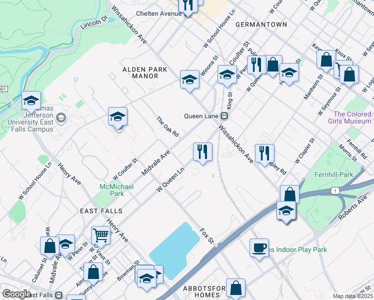 map of restaurants, bars, coffee shops, grocery stores, and more near 2823 Midvale Avenue in Philadelphia
