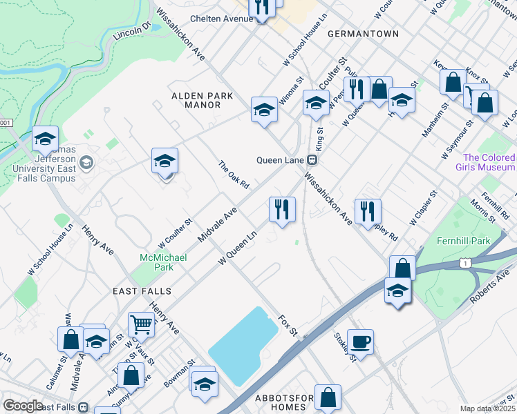 map of restaurants, bars, coffee shops, grocery stores, and more near 2823 Midvale Avenue in Philadelphia