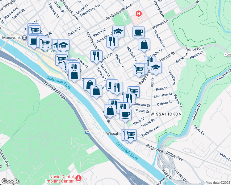 map of restaurants, bars, coffee shops, grocery stores, and more near Terrace Street in Philadelphia