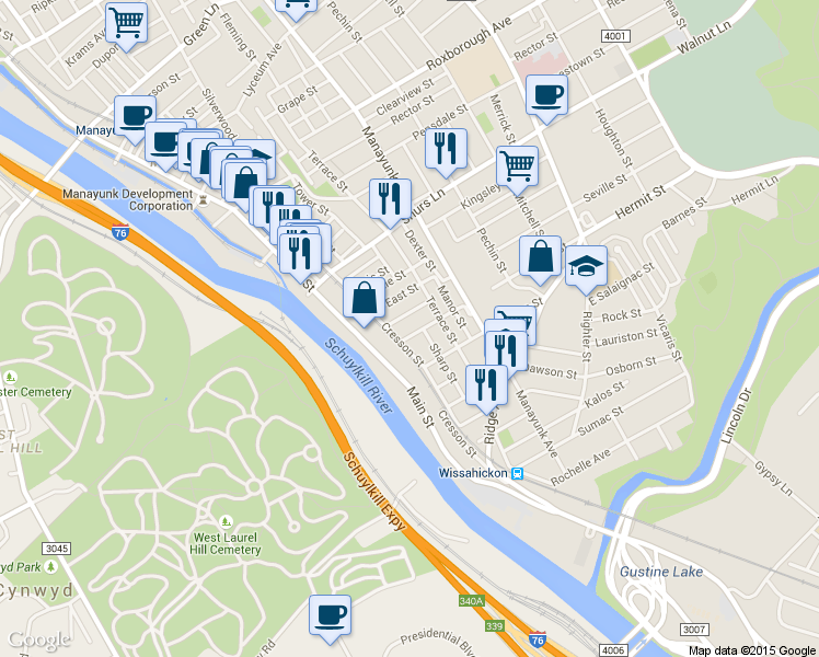 map of restaurants, bars, coffee shops, grocery stores, and more near 126 Seville Street in Philadelphia