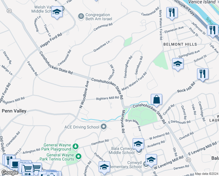 map of restaurants, bars, coffee shops, grocery stores, and more near 728 Pennsylvania 23 in Narberth