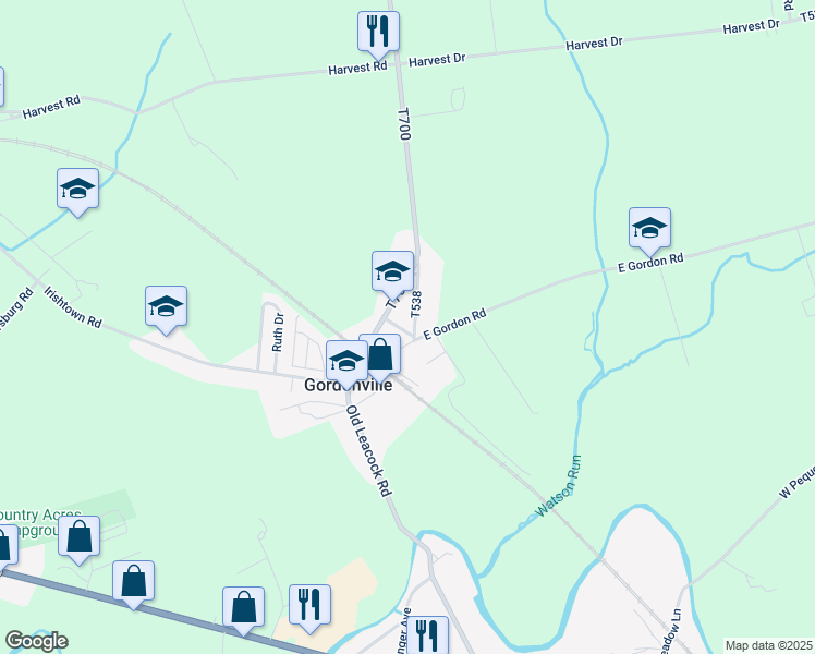 map of restaurants, bars, coffee shops, grocery stores, and more near 187 Old Leacock Road in Gordonville