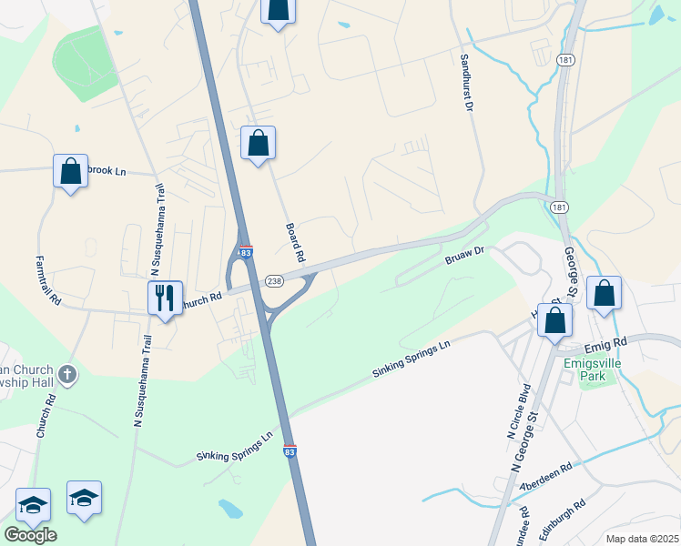 map of restaurants, bars, coffee shops, grocery stores, and more near 236 Pennsylvania 238 in York