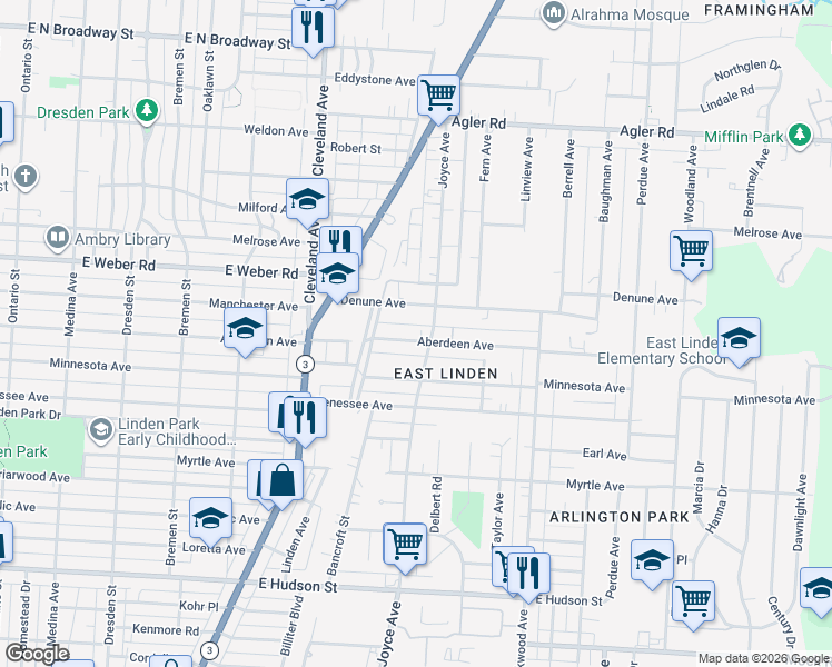 map of restaurants, bars, coffee shops, grocery stores, and more near 1897 Denune Avenue in Columbus