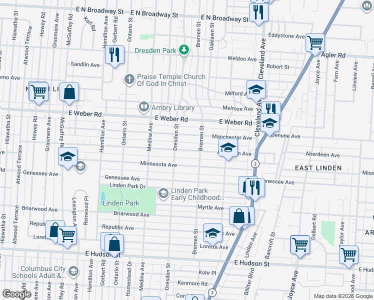 map of restaurants, bars, coffee shops, grocery stores, and more near 1517 Manchester Avenue in Columbus