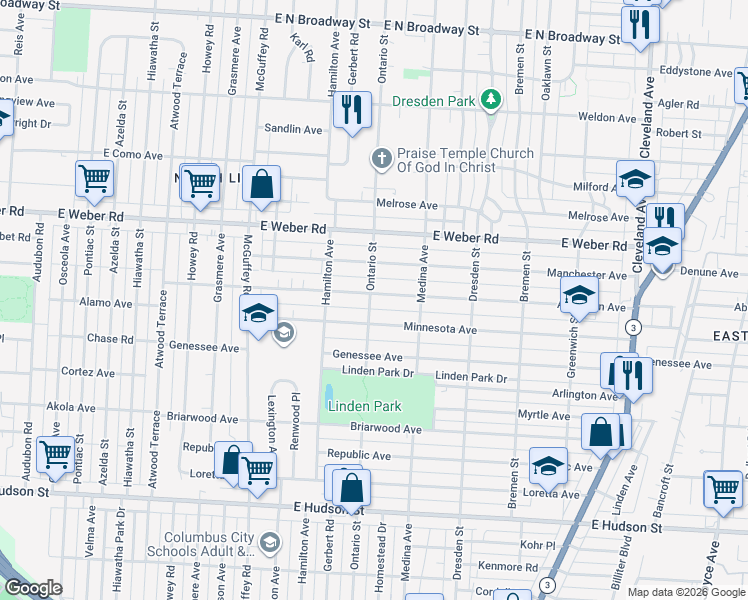 map of restaurants, bars, coffee shops, grocery stores, and more near 1340 Aberdeen Avenue in Columbus