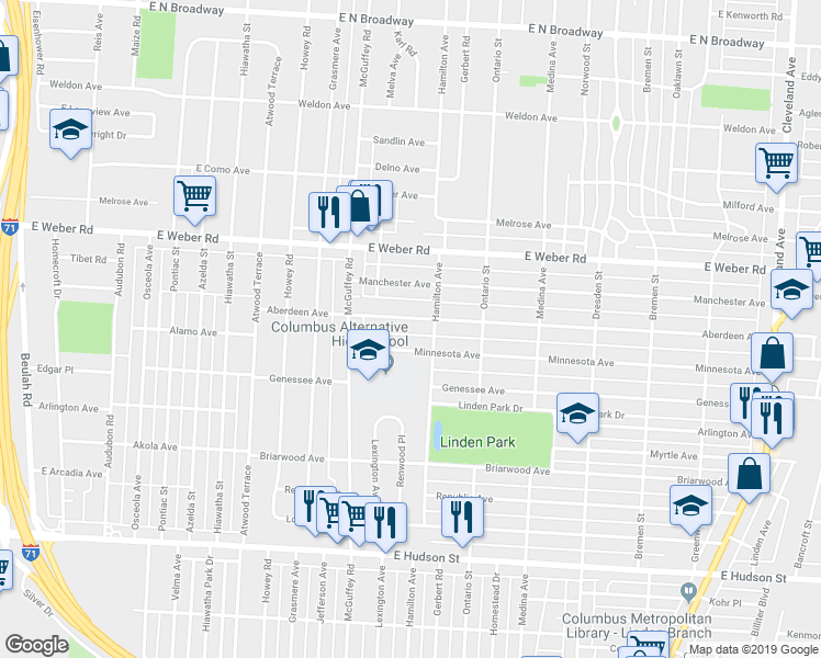 map of restaurants, bars, coffee shops, grocery stores, and more near 1226 Aberdeen Avenue in Columbus