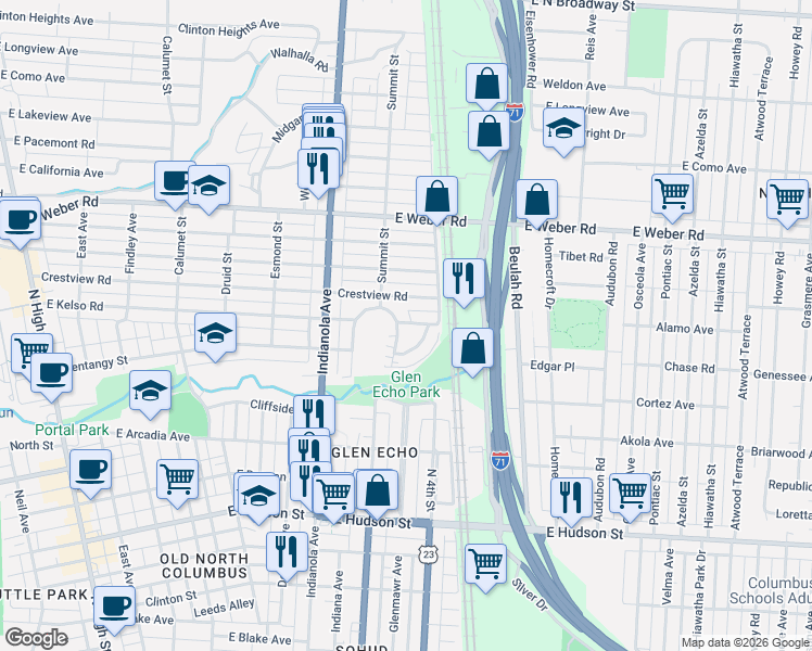 map of restaurants, bars, coffee shops, grocery stores, and more near 551 Crestview Road in Columbus