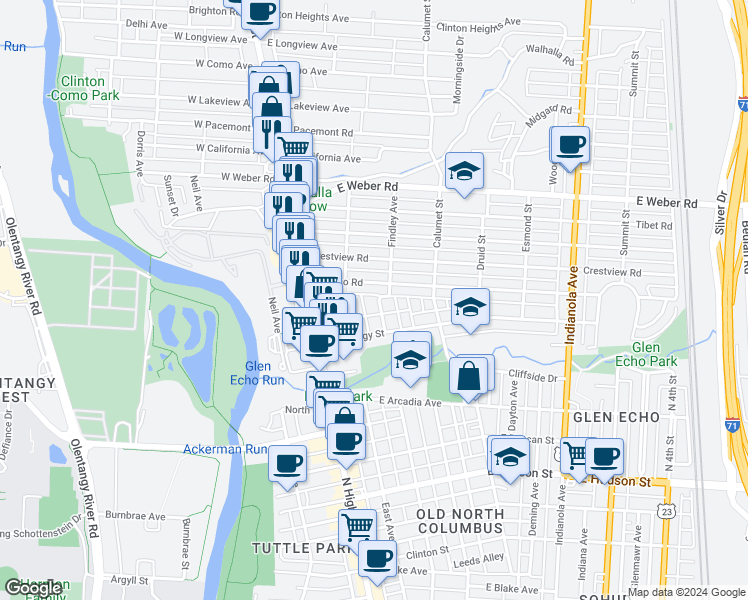 map of restaurants, bars, coffee shops, grocery stores, and more near in Columbus