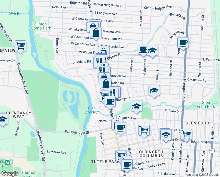 map of restaurants, bars, coffee shops, grocery stores, and more near 2910 North High Street in Columbus
