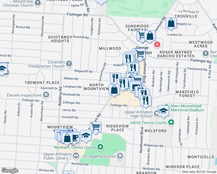 map of restaurants, bars, coffee shops, grocery stores, and more near 1847 Milden Road in Columbus