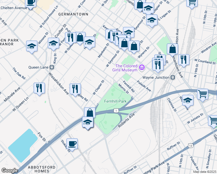 map of restaurants, bars, coffee shops, grocery stores, and more near 427 West Abbottsford Avenue in Philadelphia