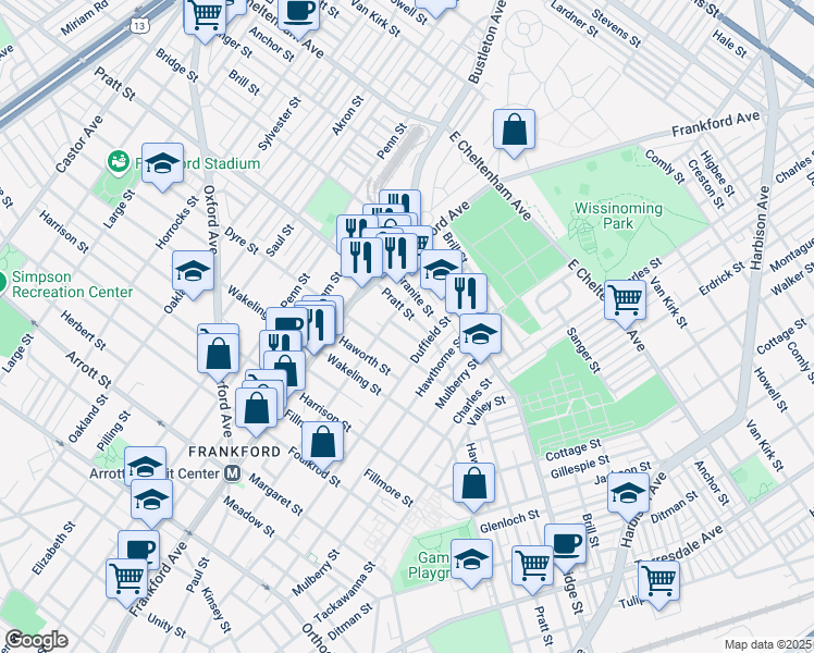 map of restaurants, bars, coffee shops, grocery stores, and more near 1645 Pratt Street in Philadelphia