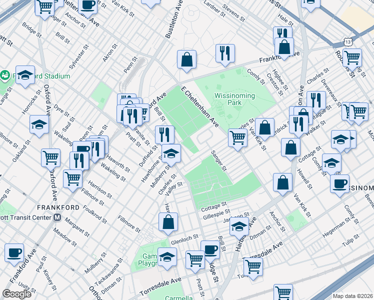 map of restaurants, bars, coffee shops, grocery stores, and more near 1708 Kennedy Street in Philadelphia