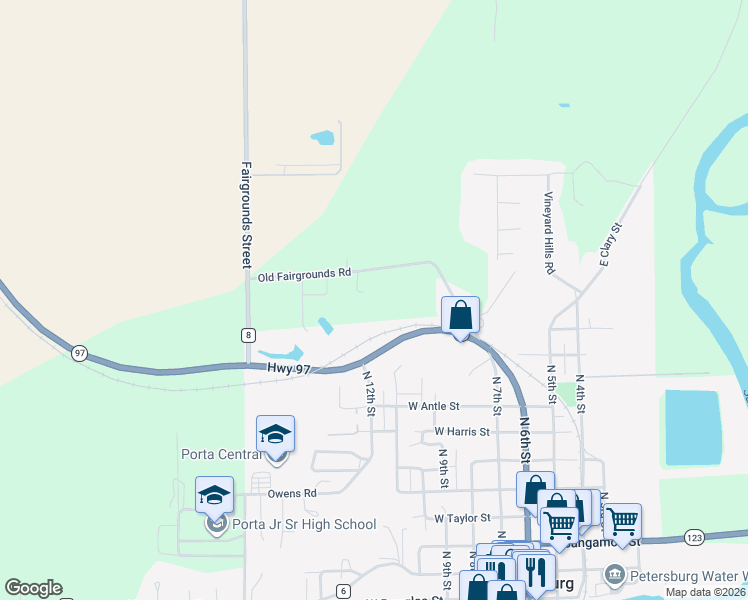 map of restaurants, bars, coffee shops, grocery stores, and more near County Highway 7 in Petersburg
