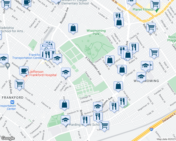 map of restaurants, bars, coffee shops, grocery stores, and more near 5412 Tackawanna Street in Philadelphia