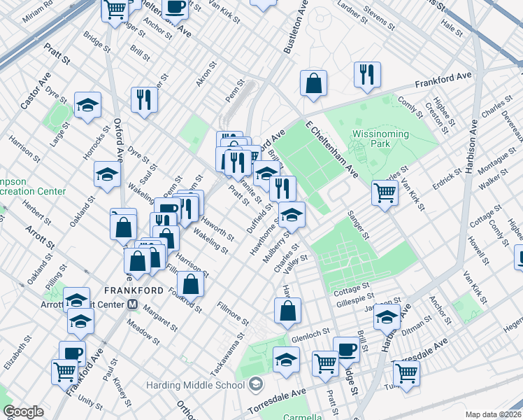 map of restaurants, bars, coffee shops, grocery stores, and more near 5208 Duffield Street in Philadelphia