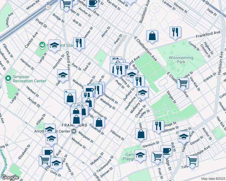 map of restaurants, bars, coffee shops, grocery stores, and more near 1631 Dyre Street in Philadelphia