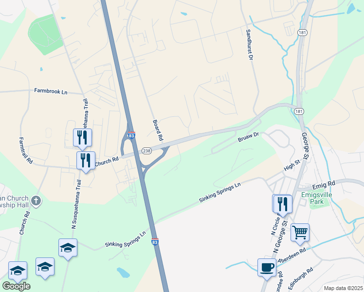 map of restaurants, bars, coffee shops, grocery stores, and more near 236 Pennsylvania 238 in York