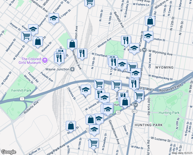 map of restaurants, bars, coffee shops, grocery stores, and more near 1815 West Cayuga Street in Philadelphia