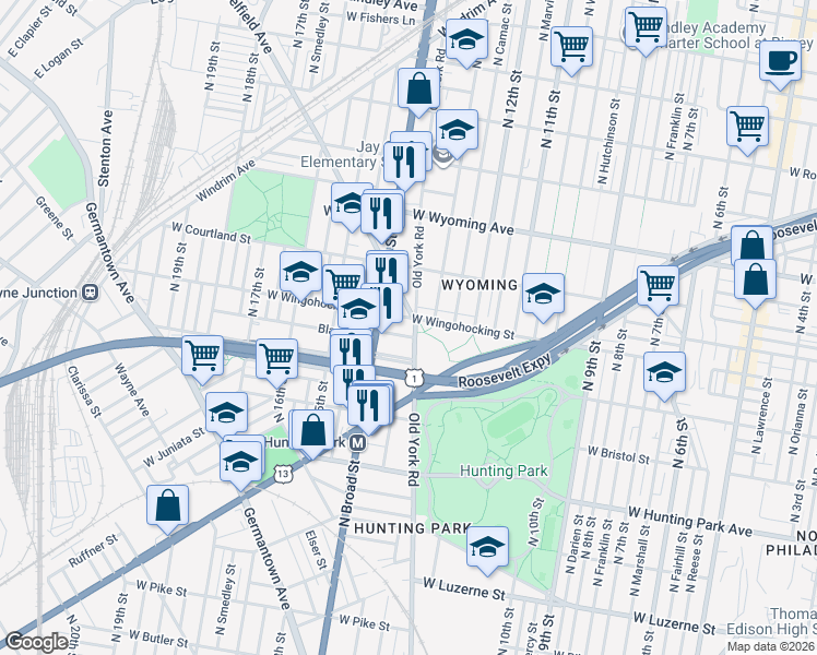map of restaurants, bars, coffee shops, grocery stores, and more near 1317 West Wingohocking Street in Philadelphia