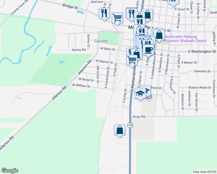 map of restaurants, bars, coffee shops, grocery stores, and more near 711 South Centennial Street in Monticello