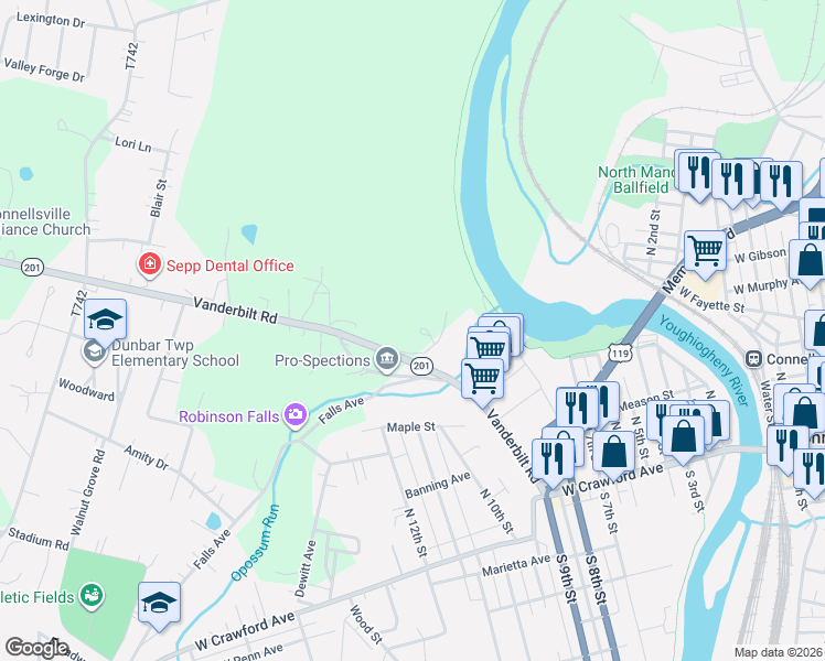 map of restaurants, bars, coffee shops, grocery stores, and more near 784 Vanderbilt Road in Connellsville