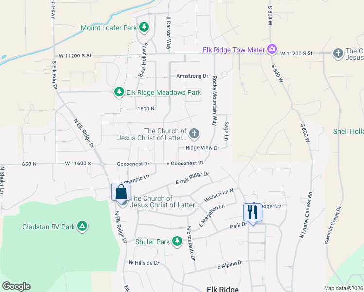 map of restaurants, bars, coffee shops, grocery stores, and more near 117 Ridge View Drive in Elk Ridge