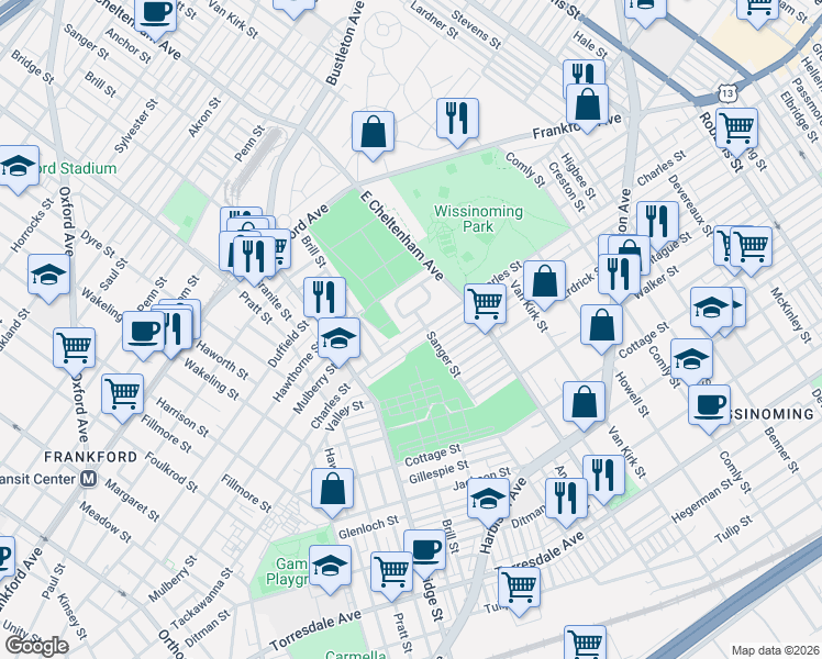 map of restaurants, bars, coffee shops, grocery stores, and more near 5412 Charles Street in Philadelphia