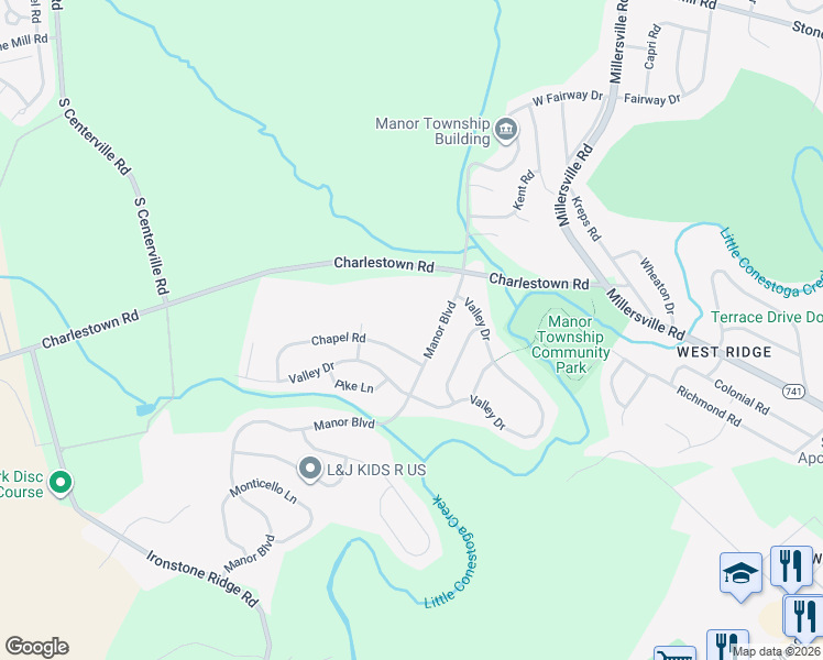 map of restaurants, bars, coffee shops, grocery stores, and more near 1270 Manor Boulevard in Lancaster