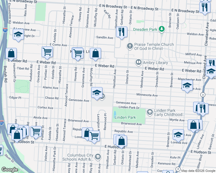 map of restaurants, bars, coffee shops, grocery stores, and more near 1226 Aberdeen Avenue in Columbus