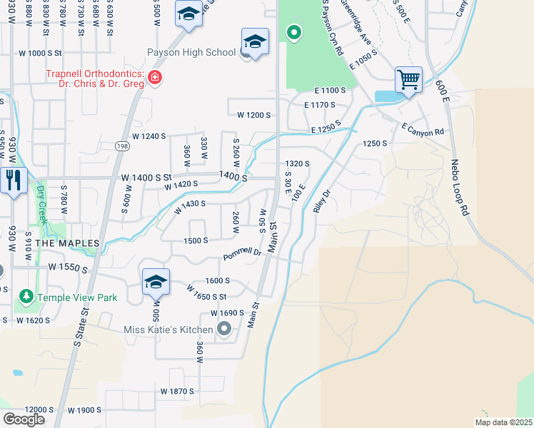 map of restaurants, bars, coffee shops, grocery stores, and more near 1438 South 50 East in Payson
