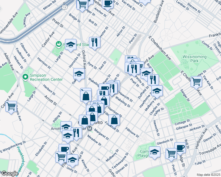 map of restaurants, bars, coffee shops, grocery stores, and more near 5015 Griscom Street in Philadelphia