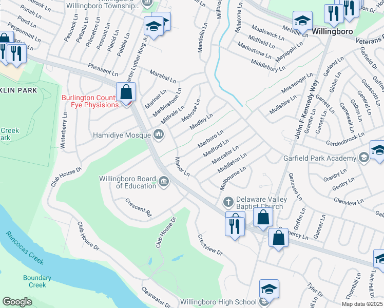 map of restaurants, bars, coffee shops, grocery stores, and more near 23 Marboro Lane in Willingboro