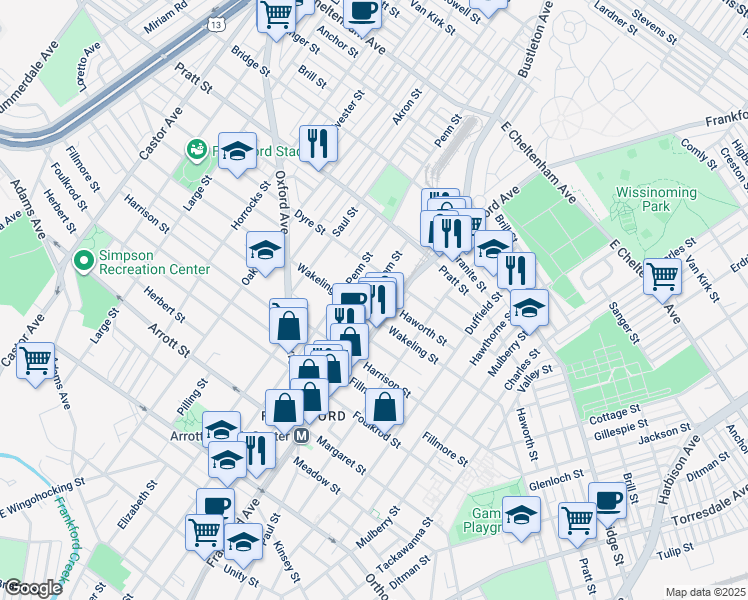map of restaurants, bars, coffee shops, grocery stores, and more near 5015 Griscom Street in Philadelphia