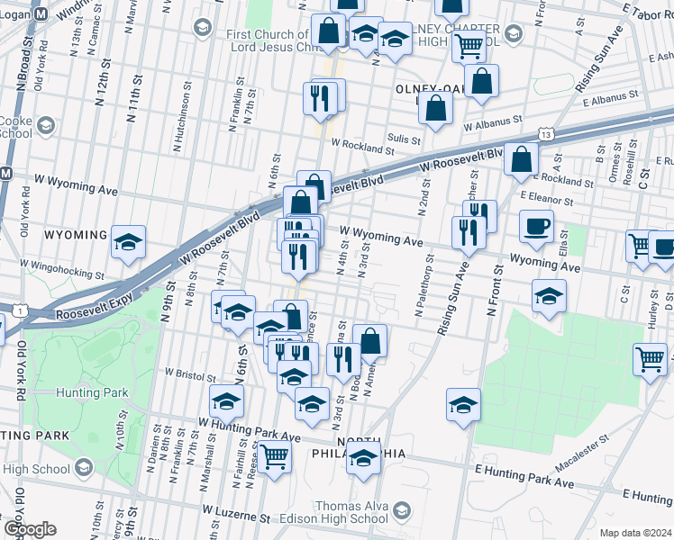 map of restaurants, bars, coffee shops, grocery stores, and more near 403 West Courtland Street in Philadelphia