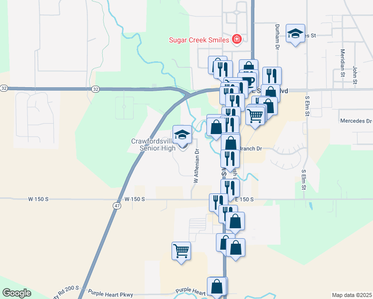 map of restaurants, bars, coffee shops, grocery stores, and more near 1 Athenian Drive in Crawfordsville