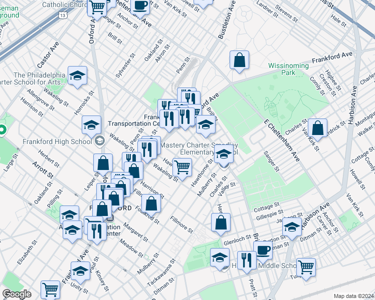 map of restaurants, bars, coffee shops, grocery stores, and more near 1653 Conklin Street in Philadelphia