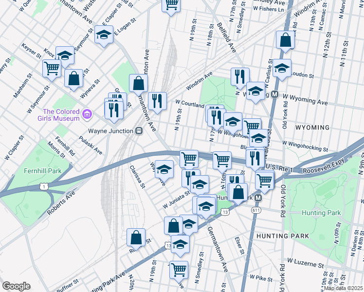 map of restaurants, bars, coffee shops, grocery stores, and more near 1825 West Cayuga Street in Philadelphia