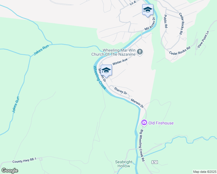 map of restaurants, bars, coffee shops, grocery stores, and more near 1 Stacey Drive in Wheeling