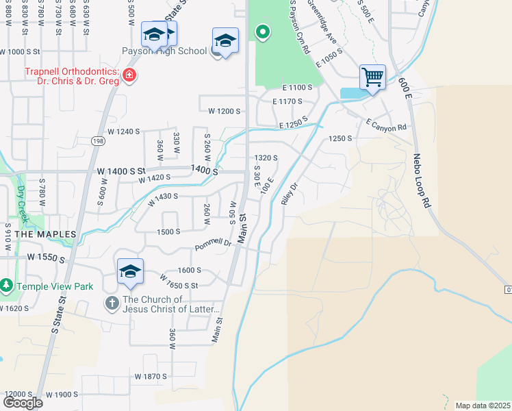 map of restaurants, bars, coffee shops, grocery stores, and more near 1836 100 East in Payson