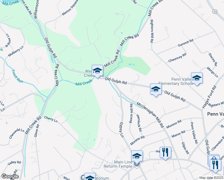 map of restaurants, bars, coffee shops, grocery stores, and more near 106 McClenaghan Mill Road in Wynnewood