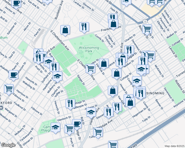 map of restaurants, bars, coffee shops, grocery stores, and more near 4141 East Cheltenham Avenue in Philadelphia